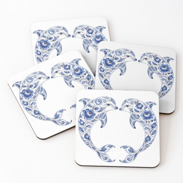 Item preview, Dolphins Silhouette Filled with Blue Floral Pattern on White designed and sold by Lucia Amaris Art.