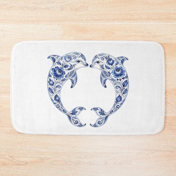 Item preview, Dolphins Silhouette Filled with Blue Floral Pattern on White designed and sold by Lucia Amaris Art.