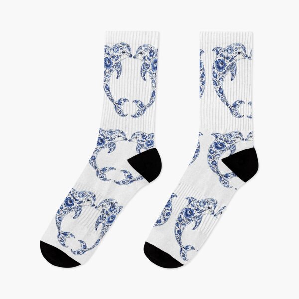 Item preview, Dolphins Silhouette Filled with Blue Floral Pattern on White designed and sold by Lucia Amaris Art.