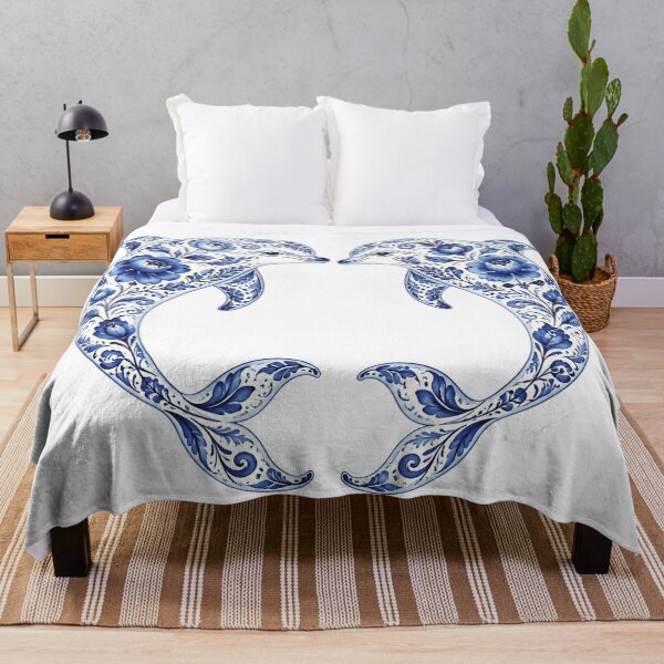 Item preview, Dolphins Silhouette Filled with Blue Floral Pattern on White designed and sold by Lucia Amaris Art.