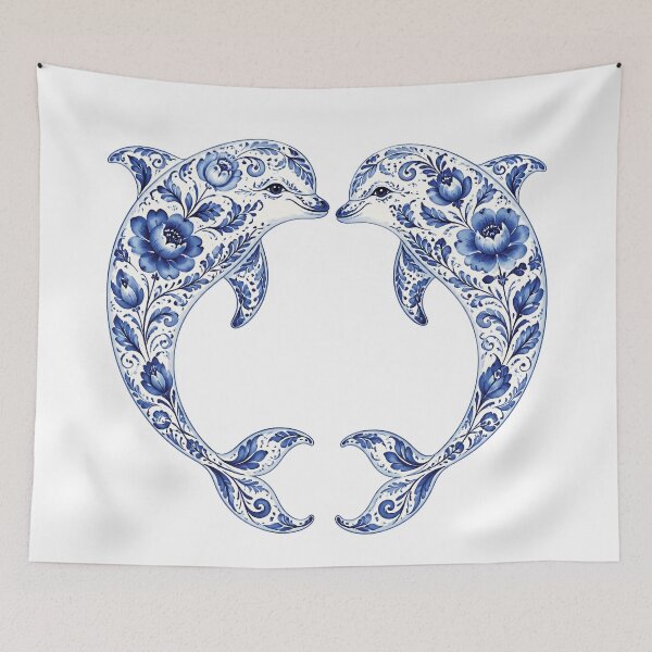 Item preview, Dolphins Silhouette Filled with Blue Floral Pattern on White designed and sold by Lucia Amaris Art.