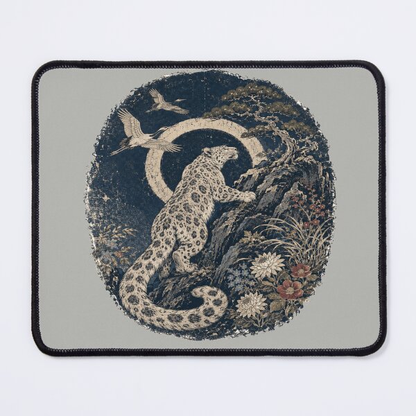 Item preview, Snow Leopard Eclipse Woodblock Art with Cranes and Pine designed and sold by POD DYNASTY | Original Print On Demand T-Shirt Graphics.