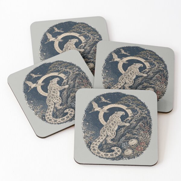 Item preview, Snow Leopard Eclipse Woodblock Art with Cranes and Pine designed and sold by POD DYNASTY | Original Print On Demand T-Shirt Graphics.