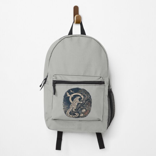 Item preview, Snow Leopard Eclipse Woodblock Art with Cranes and Pine designed and sold by POD DYNASTY | Original Print On Demand T-Shirt Graphics.