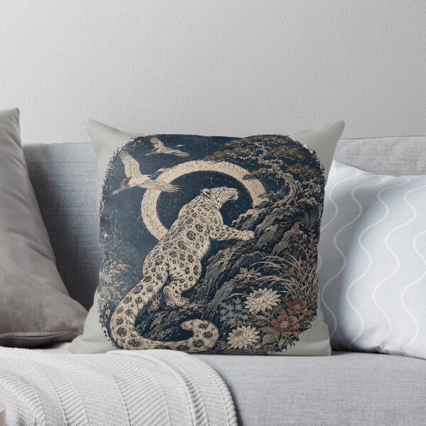 Item preview, Snow Leopard Eclipse Woodblock Art with Cranes and Pine designed and sold by POD DYNASTY | Original Print On Demand T-Shirt Graphics.