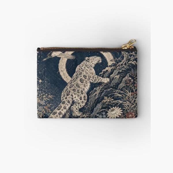 Item preview, Snow Leopard Eclipse Woodblock Art with Cranes and Pine designed and sold by POD DYNASTY | Original Print On Demand T-Shirt Graphics.