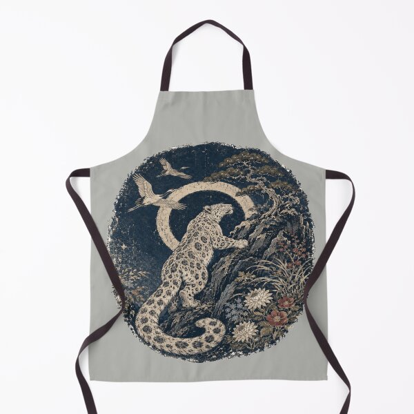 Item preview, Snow Leopard Eclipse Woodblock Art with Cranes and Pine designed and sold by POD DYNASTY | Original Print On Demand T-Shirt Graphics.