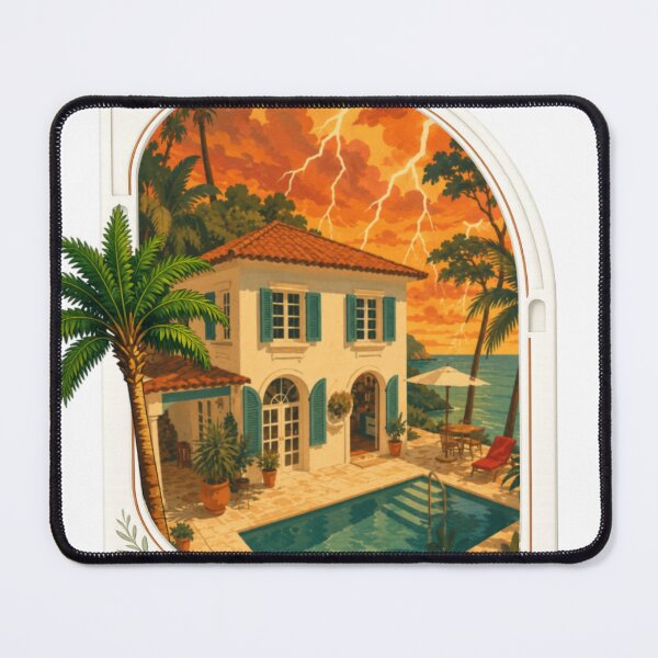 Item preview, Luxury Coastal Villa Storm Sunset – Mediterranean Ocean House with Lightning Vintage Travel Art designed and sold by Luna Haven.