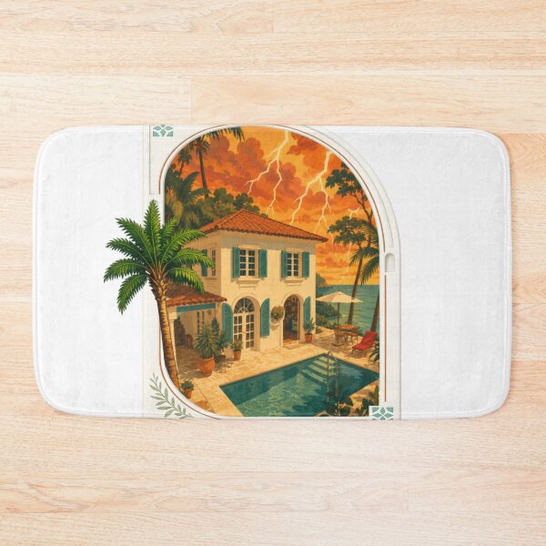 Item preview, Luxury Coastal Villa Storm Sunset – Mediterranean Ocean House with Lightning Vintage Travel Art designed and sold by Luna Haven.