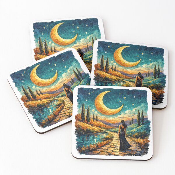 Item preview, Moonlit Horizon Dreams – Textured Impasto Sunset & Celestial Landscape with Elegant Silhouette designed and sold by designbyuzi.