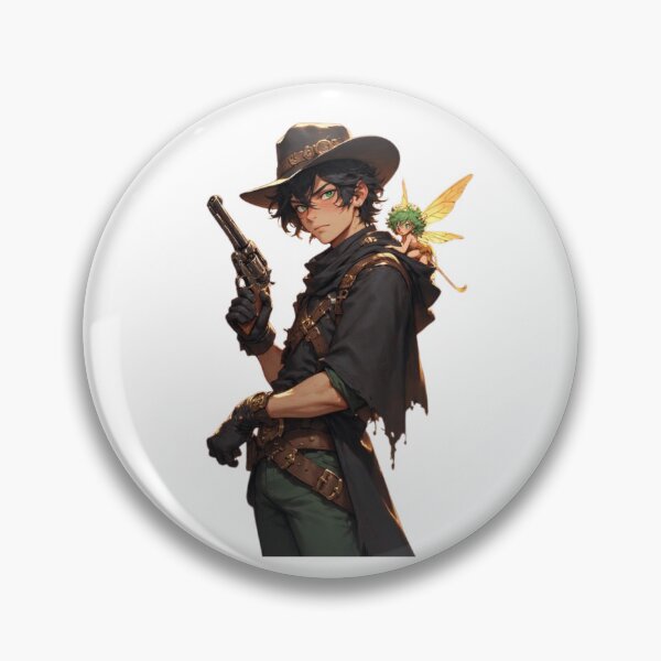 Item preview, Steampunk gunslinger poses confidently with revolver and glowing fairy companion designed and sold by BiranoVule.
