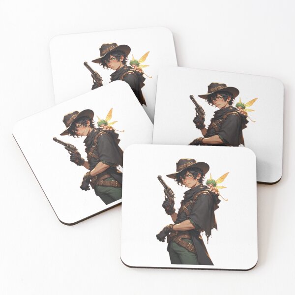 Item preview, Steampunk gunslinger poses confidently with revolver and glowing fairy companion designed and sold by BiranoVule.