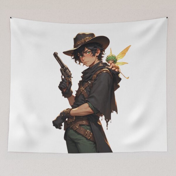 Item preview, Steampunk gunslinger poses confidently with revolver and glowing fairy companion designed and sold by BiranoVule.