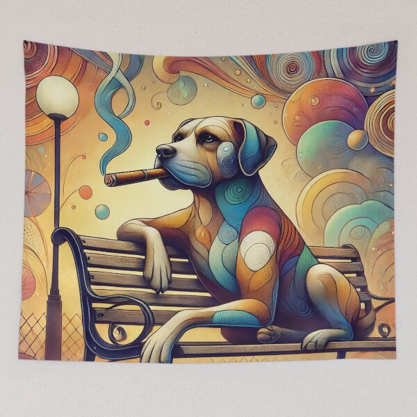 Item preview, Colorful Surreal Dog Smoking on a Park Bench Vintage Cartoon Illustration designed and sold by GleasonArnoldo.