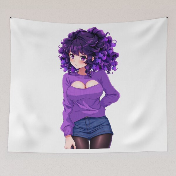 Item preview, Curly-haired anime girl wears purple sweater with gentle expression designed and sold by BiranoVule.