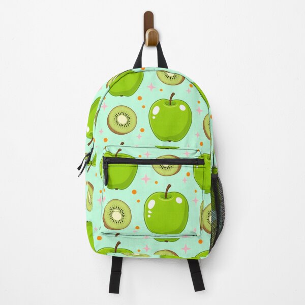 Artikelvorschau, Rucksack mit grünem Apfel- und Kiwi-Motiv – Tasche mit frischem Fruchtmuster entworfen und verkauft von Prime Wardrobe.