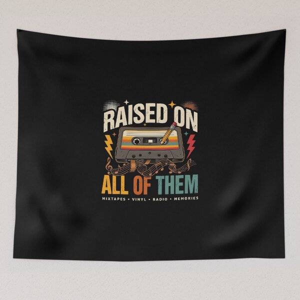 Item preview, Raised On All Of Them, Gifts for Retro Music Lovers Vintage Cassette & Vinyl Design designed and sold by Lina Caro.