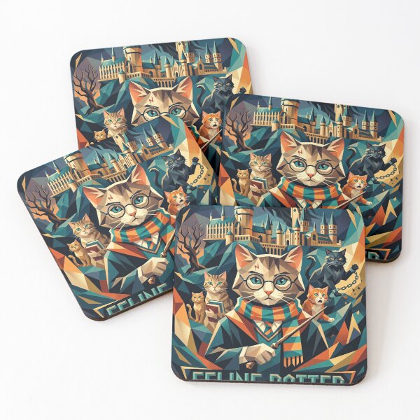 Item preview, Wizard cat with striped scarf and mystical castle geometric art designed and sold by TheCoolCatsMx.