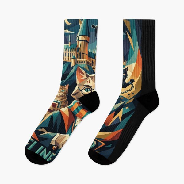 Item preview, Wizard cat with striped scarf and mystical castle geometric art designed and sold by TheCoolCatsMx.