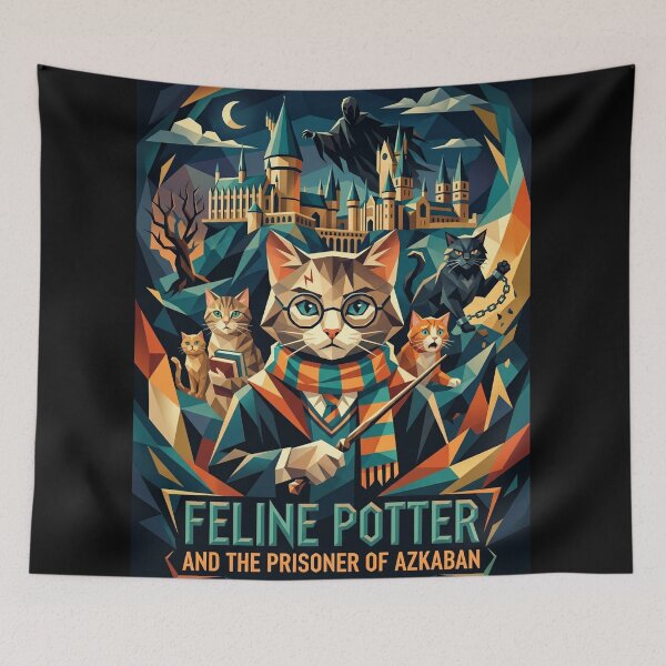 Item preview, Wizard cat with striped scarf and mystical castle geometric art designed and sold by TheCoolCatsMx.