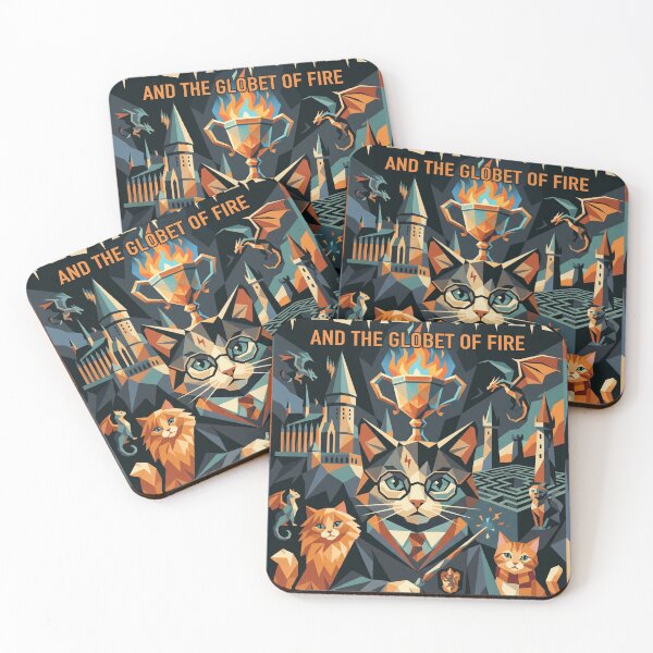 Item preview, Wizard cat with chalice of fire and dragon, geometric fantasy art designed and sold by TheCoolCatsMx.