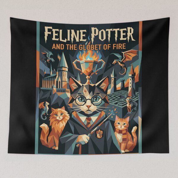 Item preview, Wizard cat with chalice of fire and dragon, geometric fantasy art designed and sold by TheCoolCatsMx.