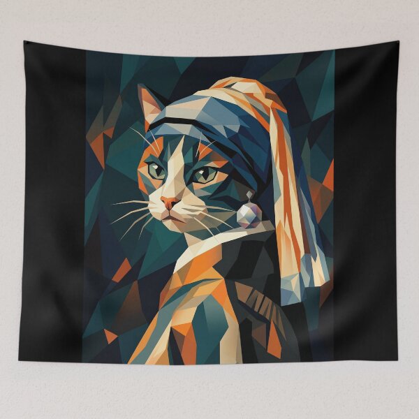 Item preview, Elegant cat portrait with turban and pearl earring, classic geometric art designed and sold by TheCoolCatsMx.