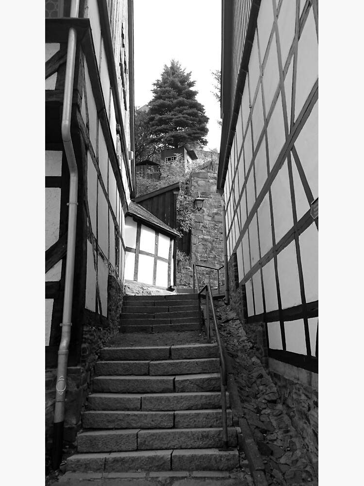 Gasse in Stolberg / Harz mit Treppe in schwarz-weiß von Gourmetkater