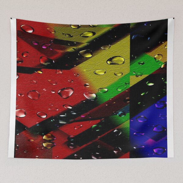 Item preview, The Chromatic Explosion of Wet Leather: Diagonal Rainbow Stripes on Textured Leather in the Rain - Abstract Art with Realistic Water Droplets designed and sold by RAYBIL.