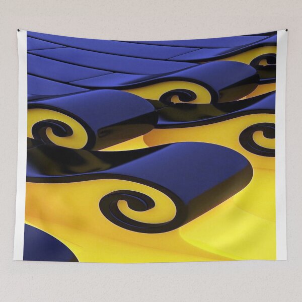 Item preview, Geometric Dance of Glossy Waves: Abstract 3D Waves in Midnight Blue and Yellow - Wavy Design with Glossy Black Spirals designed and sold by RAYBIL.