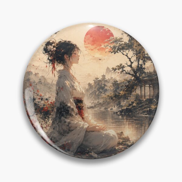 Item preview, Japanese Anime Art Woman in Kimono with Red Sun and Enso Circle designed and sold by Japan-kanji-ya.