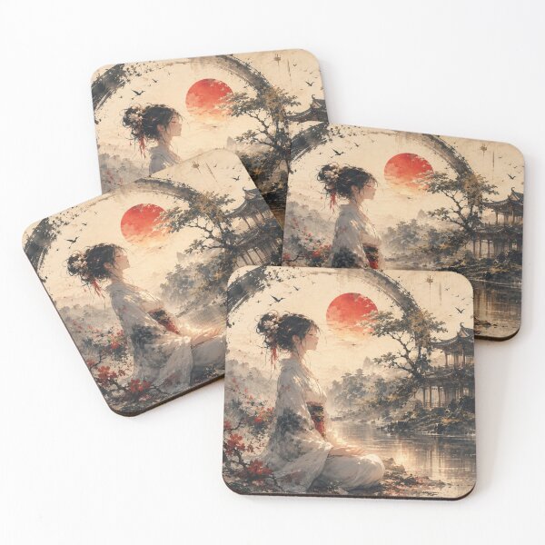 Item preview, Japanese Anime Art Woman in Kimono with Red Sun and Enso Circle designed and sold by Japan-kanji-ya.