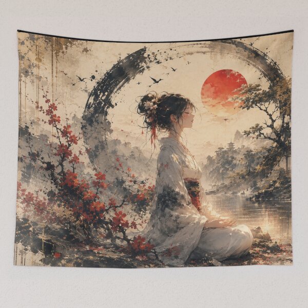Item preview, Japanese Anime Art Woman in Kimono with Red Sun and Enso Circle designed and sold by Japan-kanji-ya.