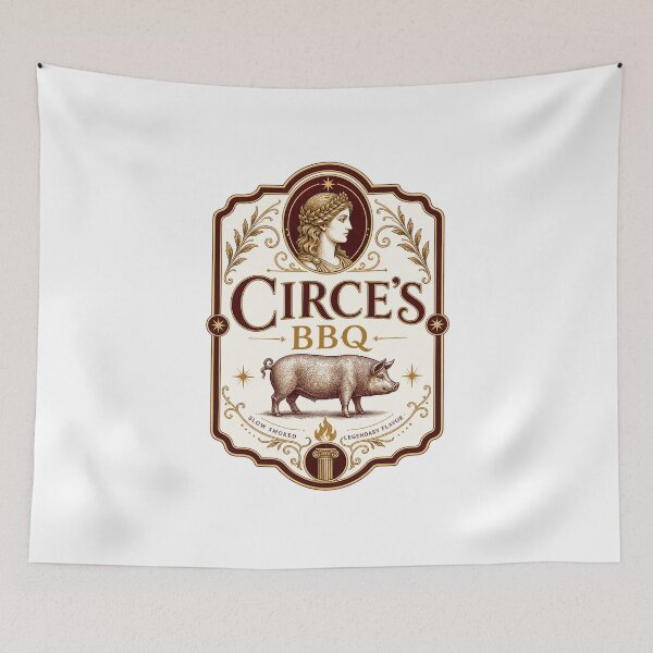 Item preview, Greek Mythology BBQ Circe's Smokehouse Odyssey Pig Roast Pitmaster Humor Vintage Emblem designed and sold by The Junto Shop.