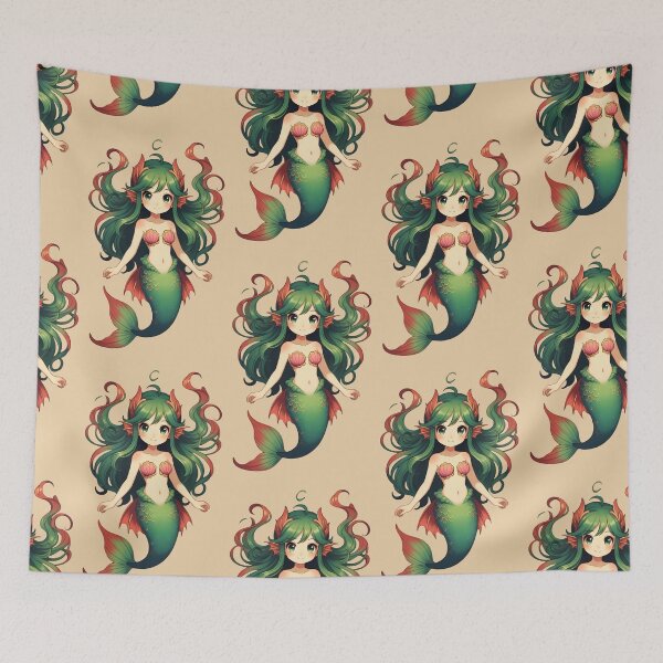 Item preview, Cute Anime Mermaid Girl Green and Coral Hair Illustration designed and sold by digitalbob60.