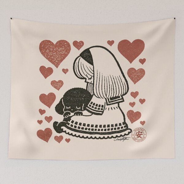 Item preview, Sweet Girl Hugging Fluffy Black Poodle Puppy designed and sold by EdvvinStudios.