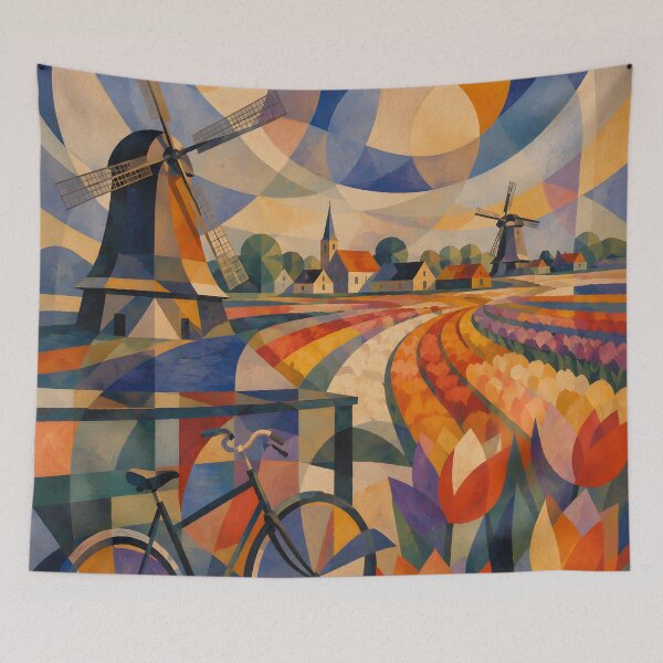Item preview, Colorful Dutch Windmills, Tulip Fields and Bicycle – Geometric Netherlands Art designed and sold by GutyzDesignsES.