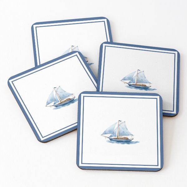 Item preview, Blue Sailboat Watercolor Art | Nautical Coastal Boat Illustration with Classic Navy Border designed and sold by Ramona-Gliga.