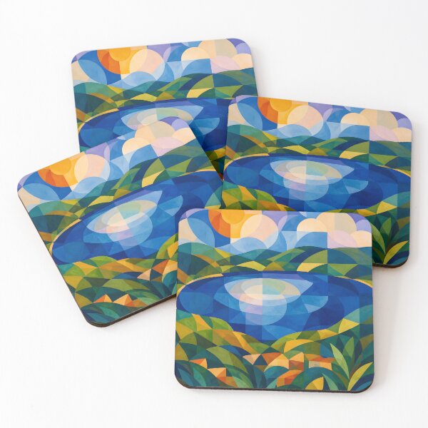 Item preview, Geometric Blue Lake and Sunrise – Mid Century Modern Landscape designed and sold by GutyzDesignsES.