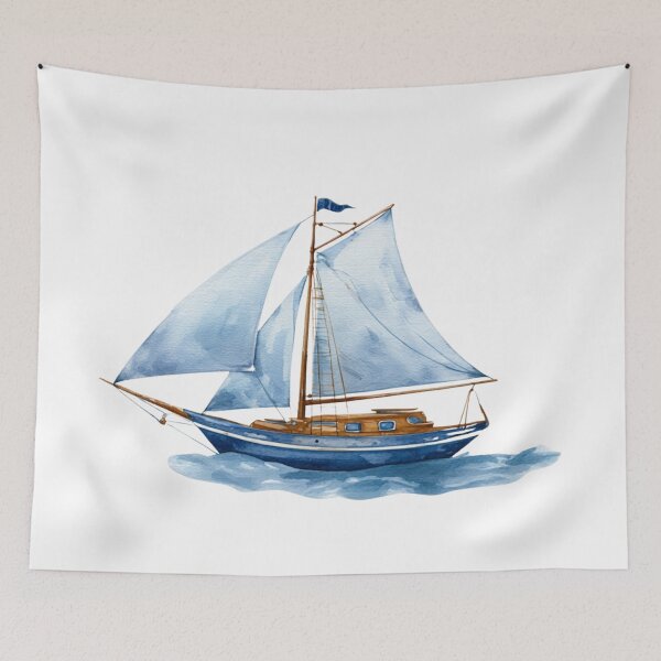 Item preview, Blue Sailboat Watercolor Art | Nautical Coastal Boat Illustration with Classic Navy Border designed and sold by Ramona-Gliga.