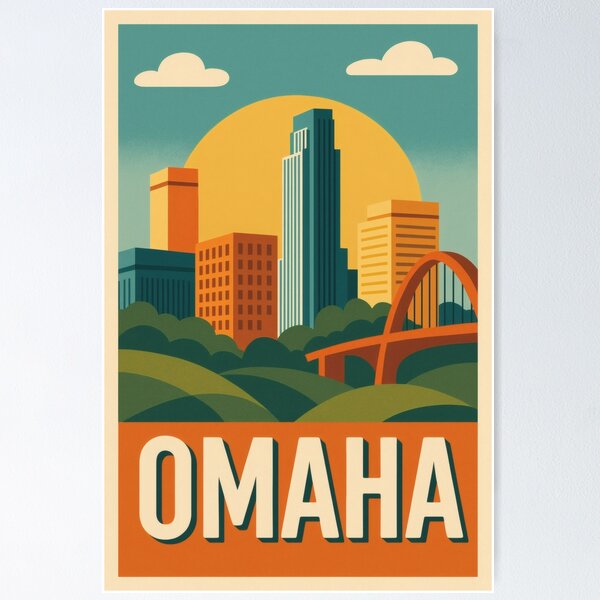 Item preview, Retro Pop Art Poster Illustration of Omaha | Bold Downtown Skyline, Bob Kerrey Pedestrian Bridge & Riverfront Design | Vintage Nebraska Wall Art Decor designed and sold by PaintedPixels01.