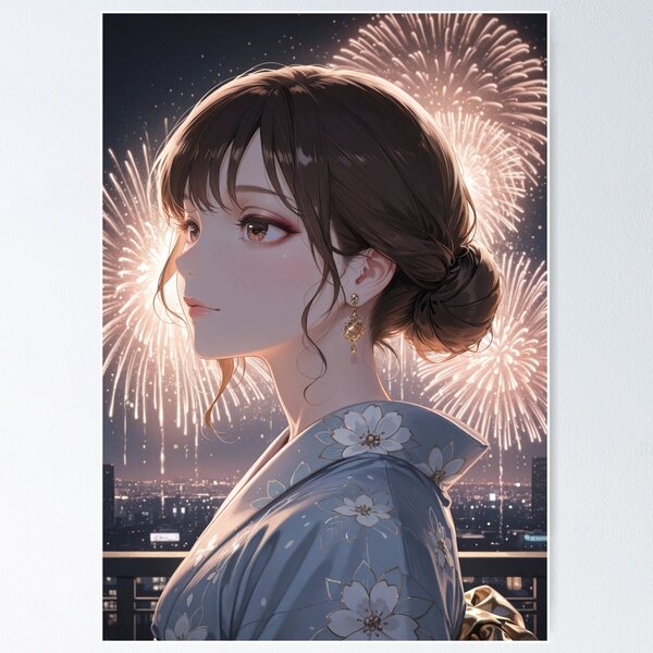 Item preview, Rooftop Fireworks Dream – Elegant City Pop Poster designed and sold by SEIMEI2025.