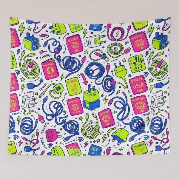 Item preview, Travel Tech Doodles Seamless Pattern Cables Passport Travel designed and sold by SplashTastic.