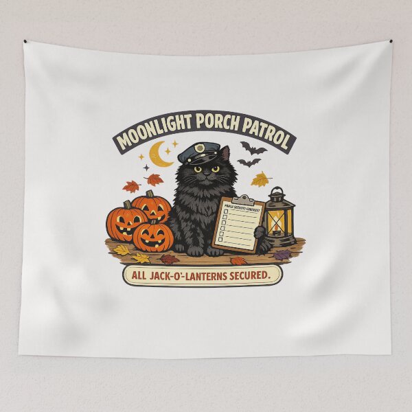 Item preview, Moonlight Porch Patrol Black Cat Halloween designed and sold by Concrete Coffee Studio.