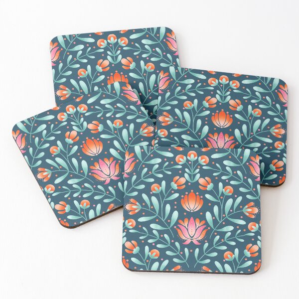 Item preview, Folk Art Floral Pattern in Coral and Navy | Symmetrical Botanical Print designed and sold by MizzleInk.