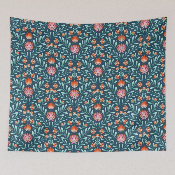 Item preview, Folk Art Floral Pattern in Coral and Navy | Symmetrical Botanical Print designed and sold by MizzleInk.