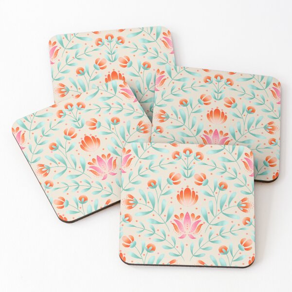 Item preview, Folk Art Floral Pattern in Coral and Cream | Symmetrical Botanical Print designed and sold by MizzleInk.