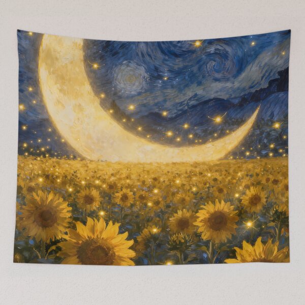 Item preview, ​Crescent Moon Sunflower Field Starry Night Oil Painting Aesthetic designed and sold by Fantasy-Atelier.