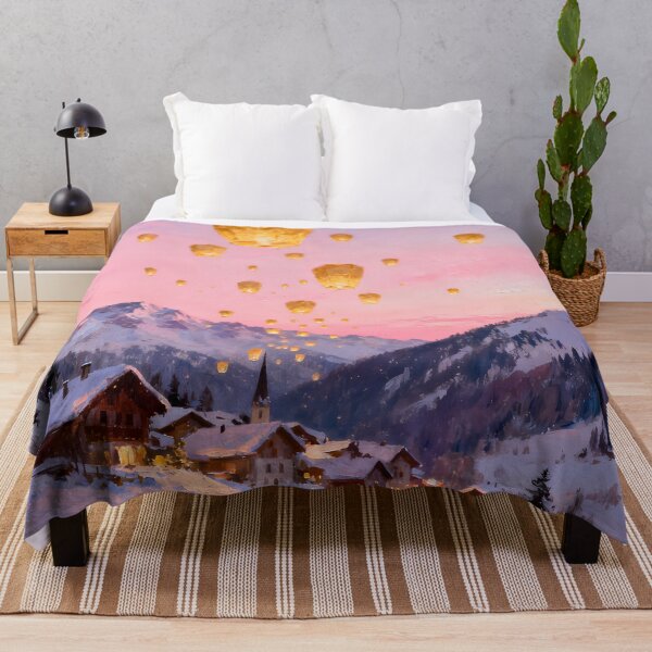 Item preview, Glowing Sky Lanterns Winter Village Snow Landscape Oil Painting Aesthetic designed and sold by Fantasy-Atelier.