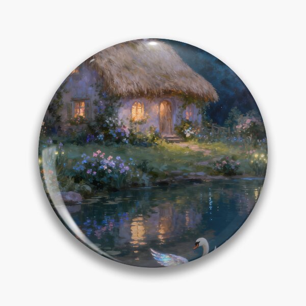 Item preview, Enchanted Cottage Lake with Glowing Swans and Fairies Oil Painting designed and sold by Fantasy-Atelier.